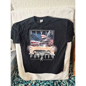 VINTAGE Elvis Presley American Flag Car Graphic T‎ Shirt Black Size 2X 1990S Y2K